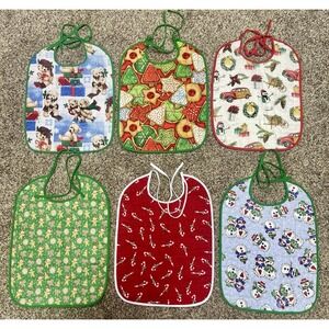 Lot Of 6 Quilted‎ Handmade Christmas Baby Bib  Large Size 12" X 9"